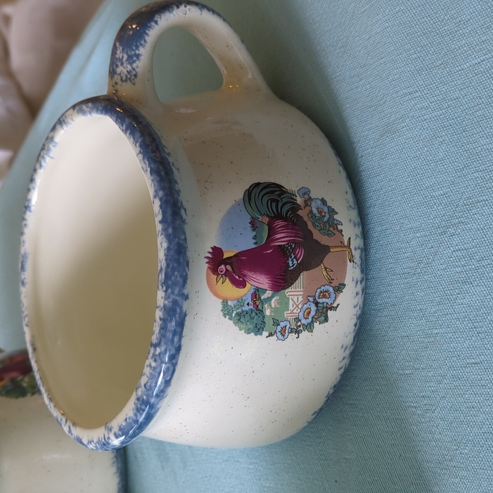Blue sponged ceramic soup mug with rooster design